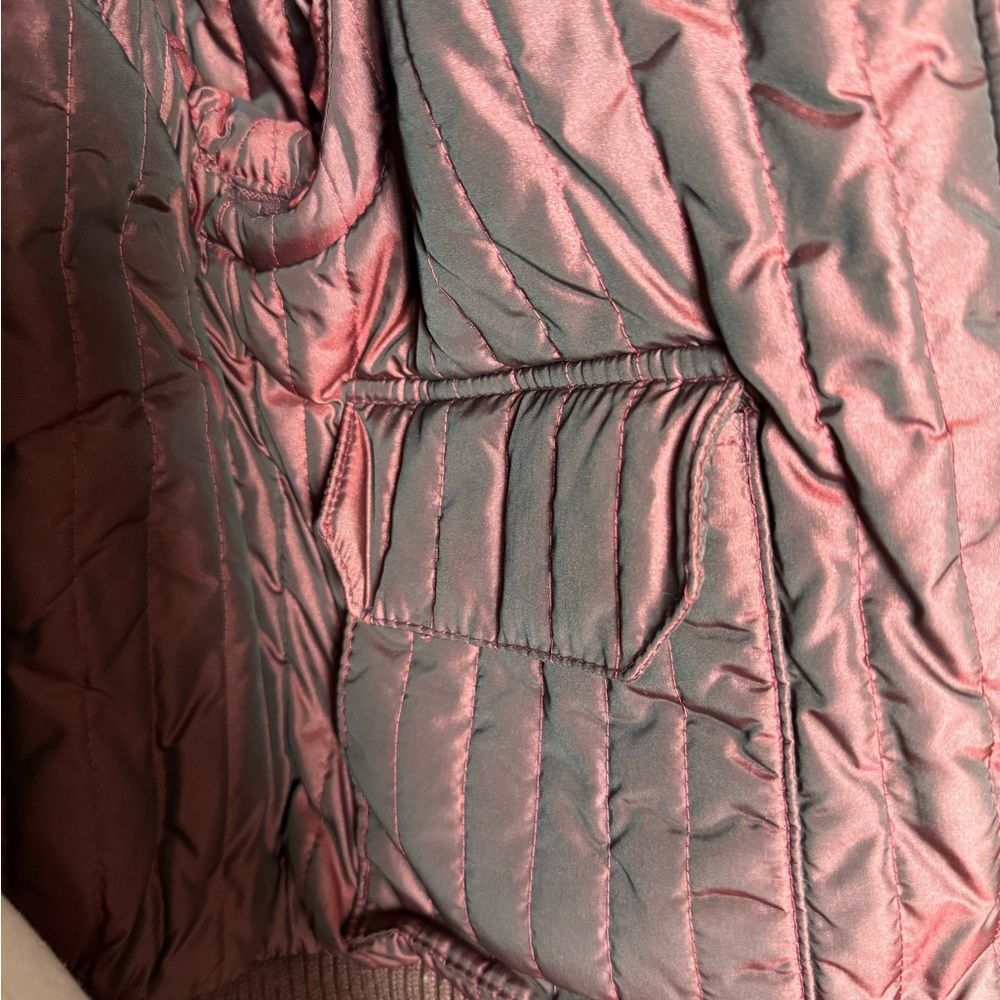 Vintage Raccoon Fur & Burgundy Quilted Bomber Jacket Detachable Sleeves Large - Picture 9 of 9